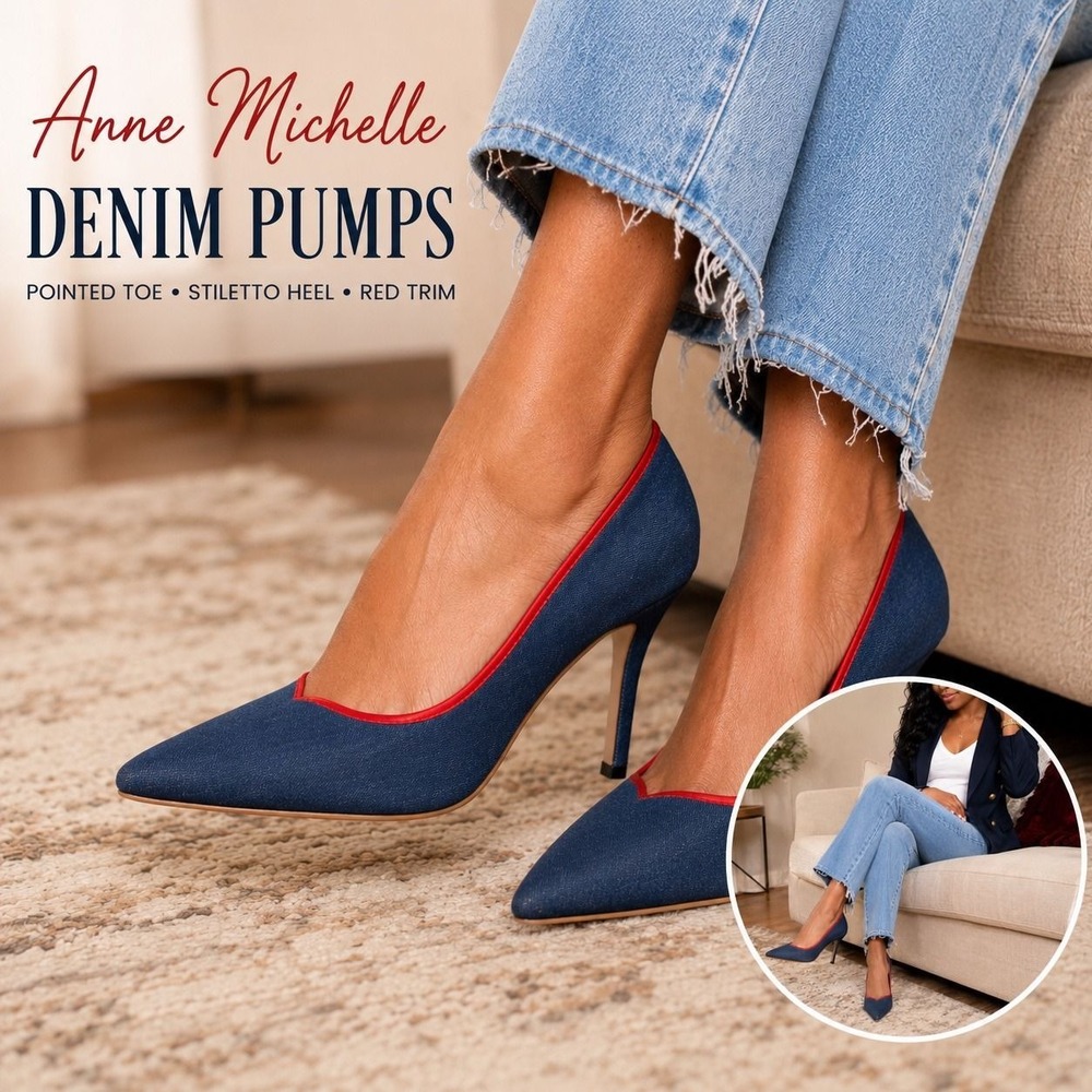 Anne Michelle Denim Blue Pointed Toe Stiletto Pumps Red Trim Heels Y2K 10/40